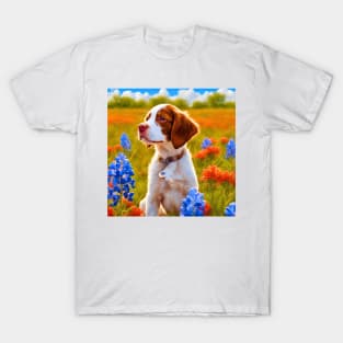 Brittany Puppy in Texas Wildflower Field T-Shirt